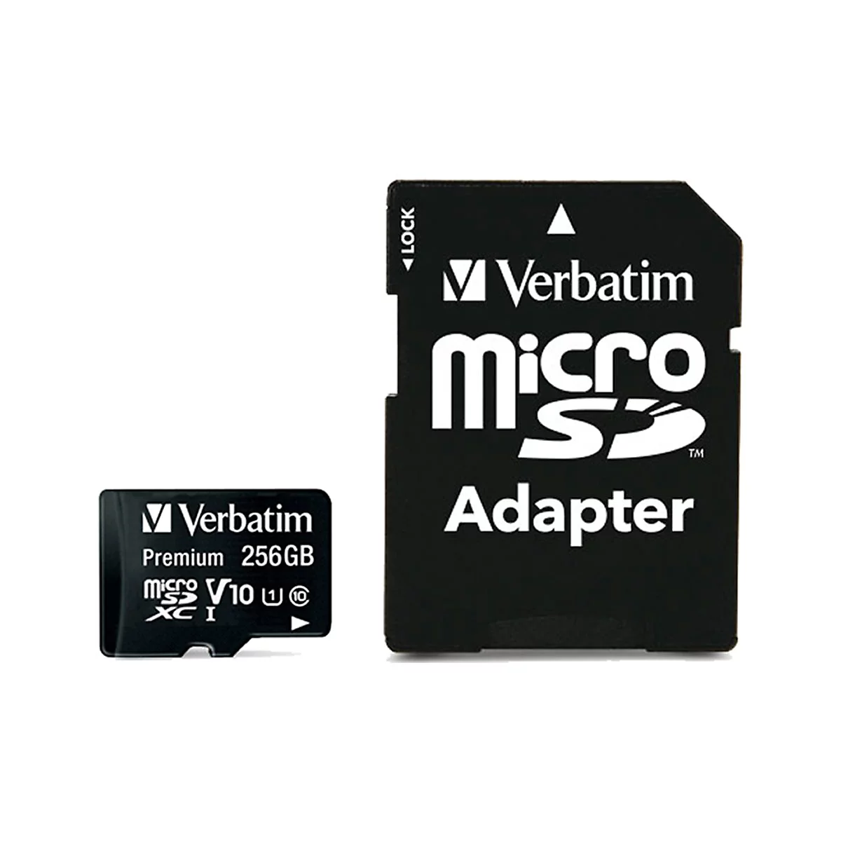 Schwarze Micro-SD-Karte und Adapter von Verbatim. Aufschrift: Micro SD Adapter, 256GB.