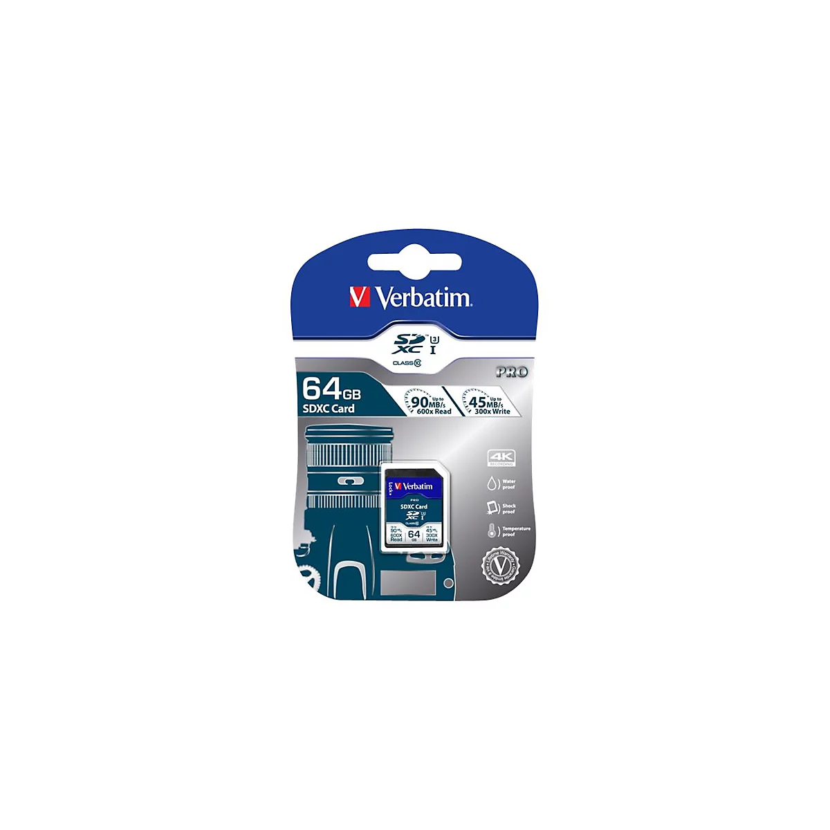Verbatim 64GB SDXC PRO Speicherkarte in Originalverpackung mit Abbildung einer Kamera.