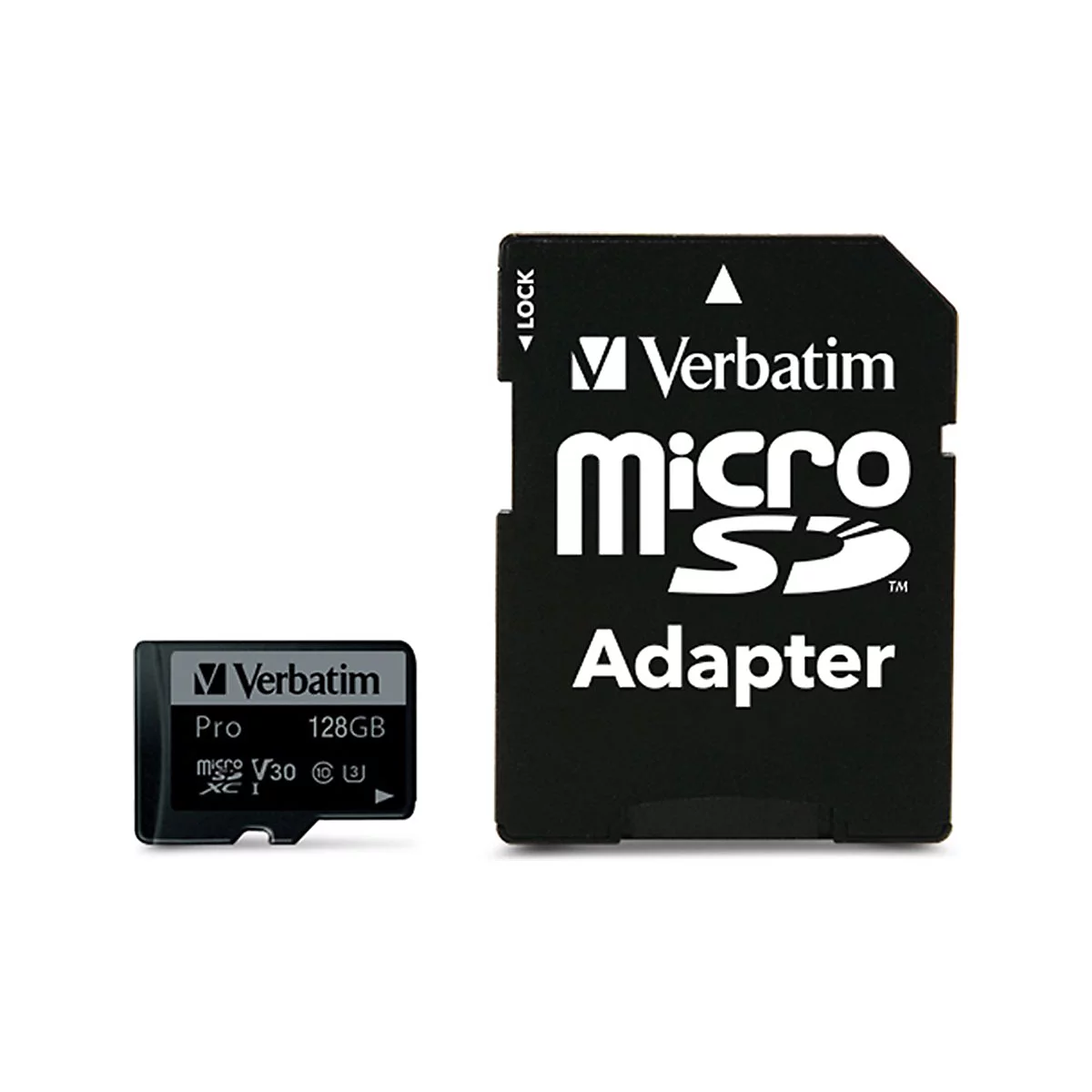 Eine schwarze Micro-SD-Karte und ein Adapter mit weißer Schrift. Auf der Karte steht "Verbatim", "micro SD Adapter" und "128GB".
