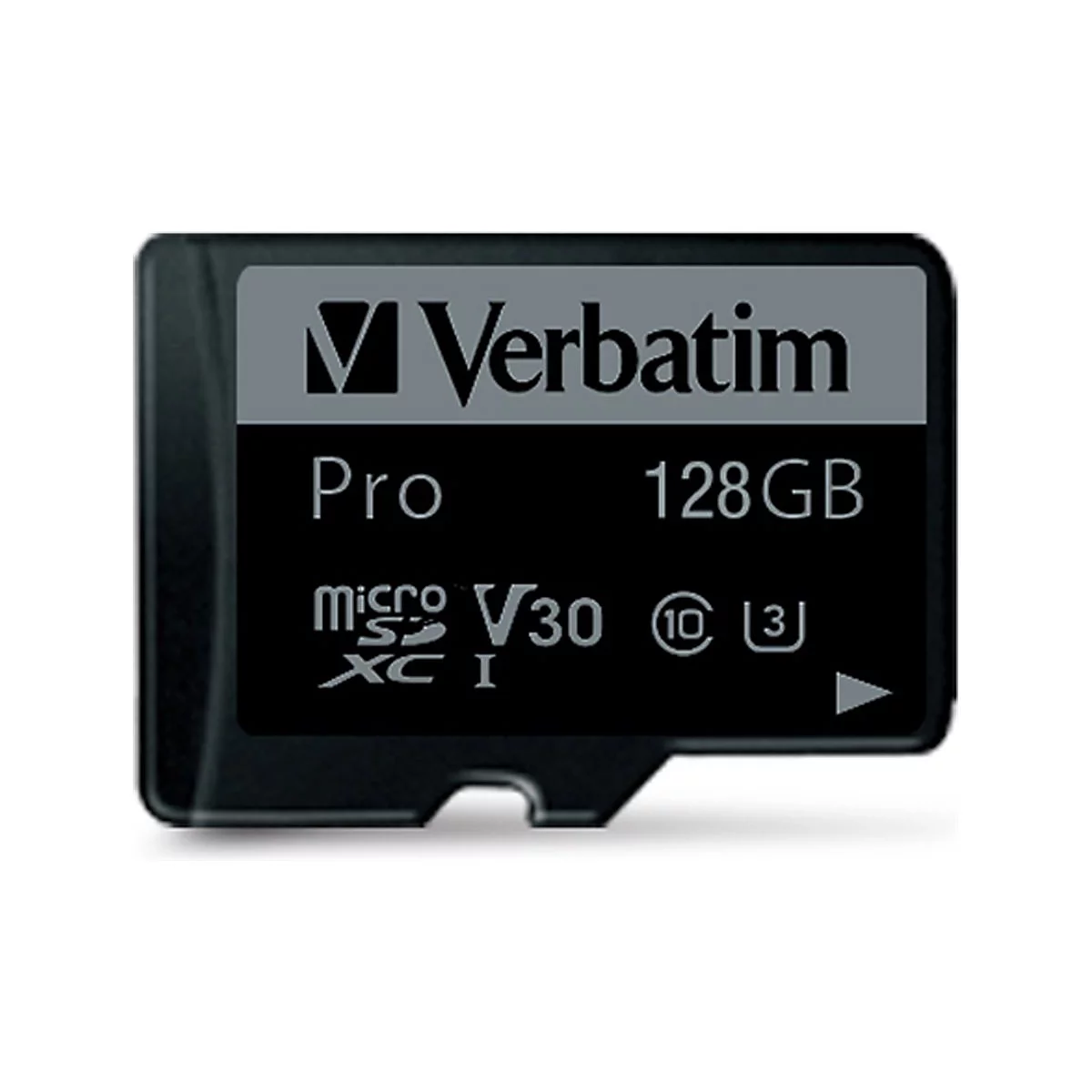 Schwarze microSD-Karte mit dem Logo "Verbatim". Aufschrift "Pro", "128 GB", "V30", "XC I".