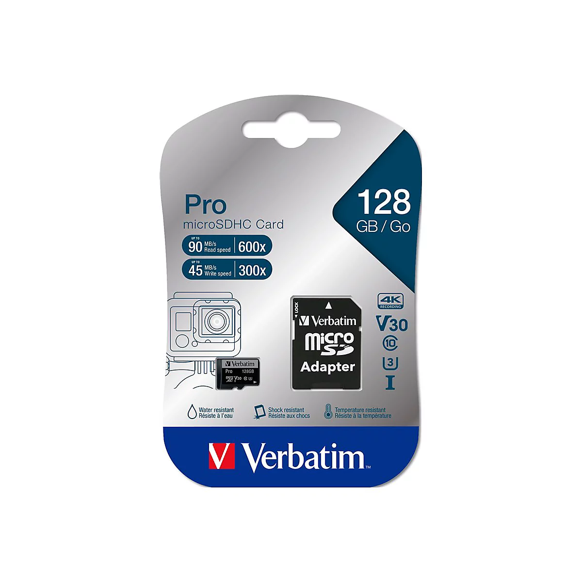 Verbatim PRO - Flash-Speicherkarte (microSDXC-an-SD-Adapter inbegriffen) - 128 GB - Video Class V30 / UHS-I U3 / Class10 - 300x/600x - microSDXC UHS-I