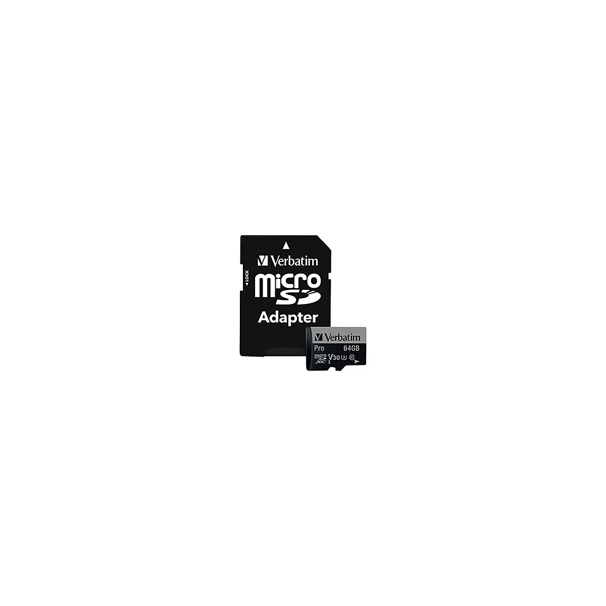 Schwarzer SD-Adapter und Micro-SD-Karte von Verbatim. Beide Produkte zeigen Logos und Schriftzüge, die auf die Speicherkapazität hinweisen.