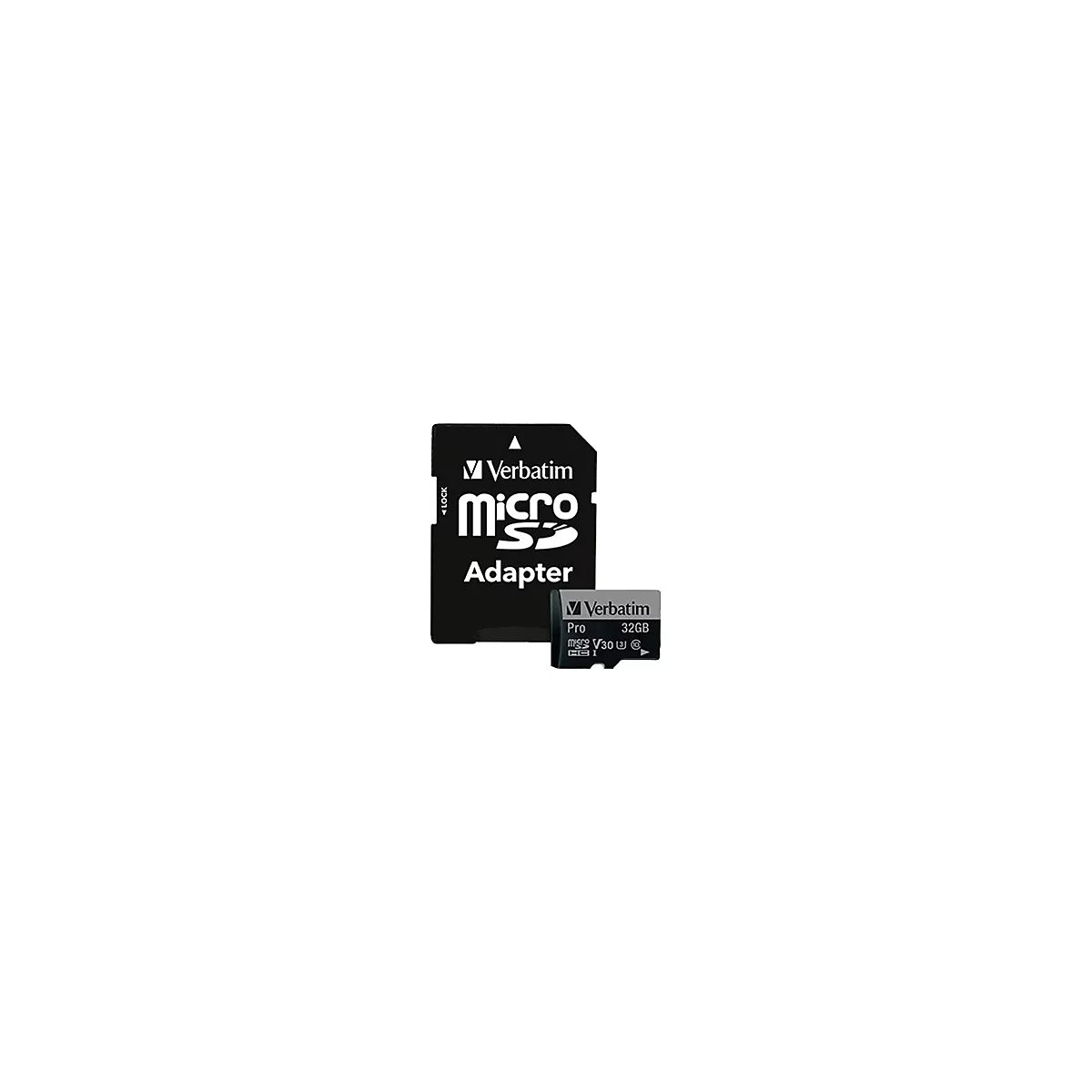 Schwarzer Verbatim Micro SD Adapter und eine Micro SD Karte, beschriftet mit '32GB'.