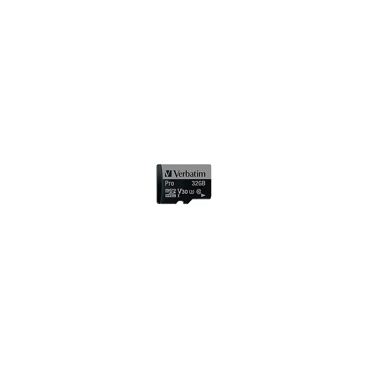 Eine schwarze Verbatim Pro microSD-Karte, 32 GB, mit weißem Text. Das SD-Kartenlogo ist unten links.