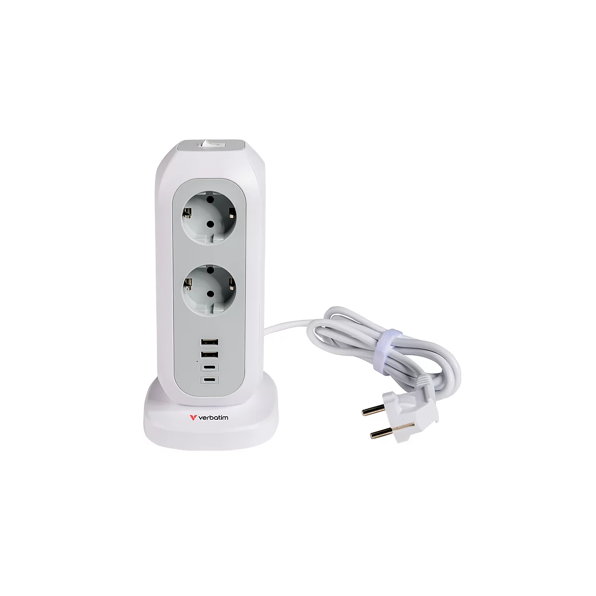 Weiße, vertikale Steckdosenleiste mit zwei Steckdosen und USB-Anschlüssen auf einem weißen Sockel.