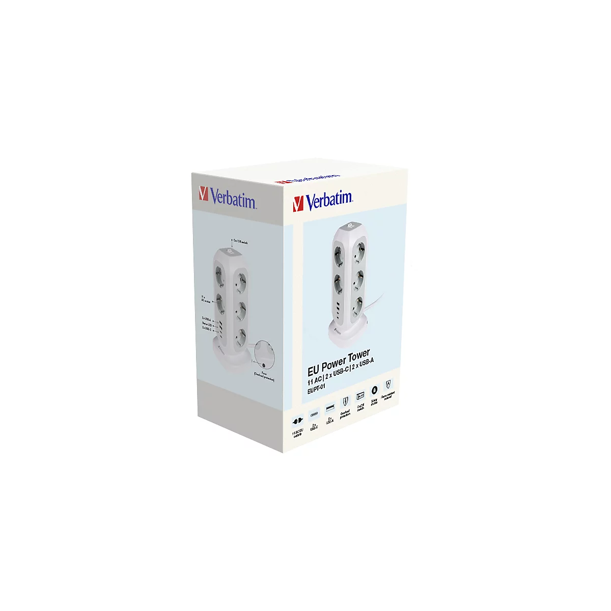 Verpackung des weißen Verbatim EU Power Tower mit Steckdosen und USB-Anschlüssen vor neutralem Hintergrund.