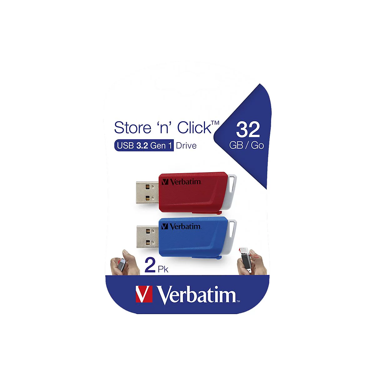 Deux clés USB rouges et bleues dans l'emballage. Texte: Store 'n' Click, 32 Go/Go, Verbatim.