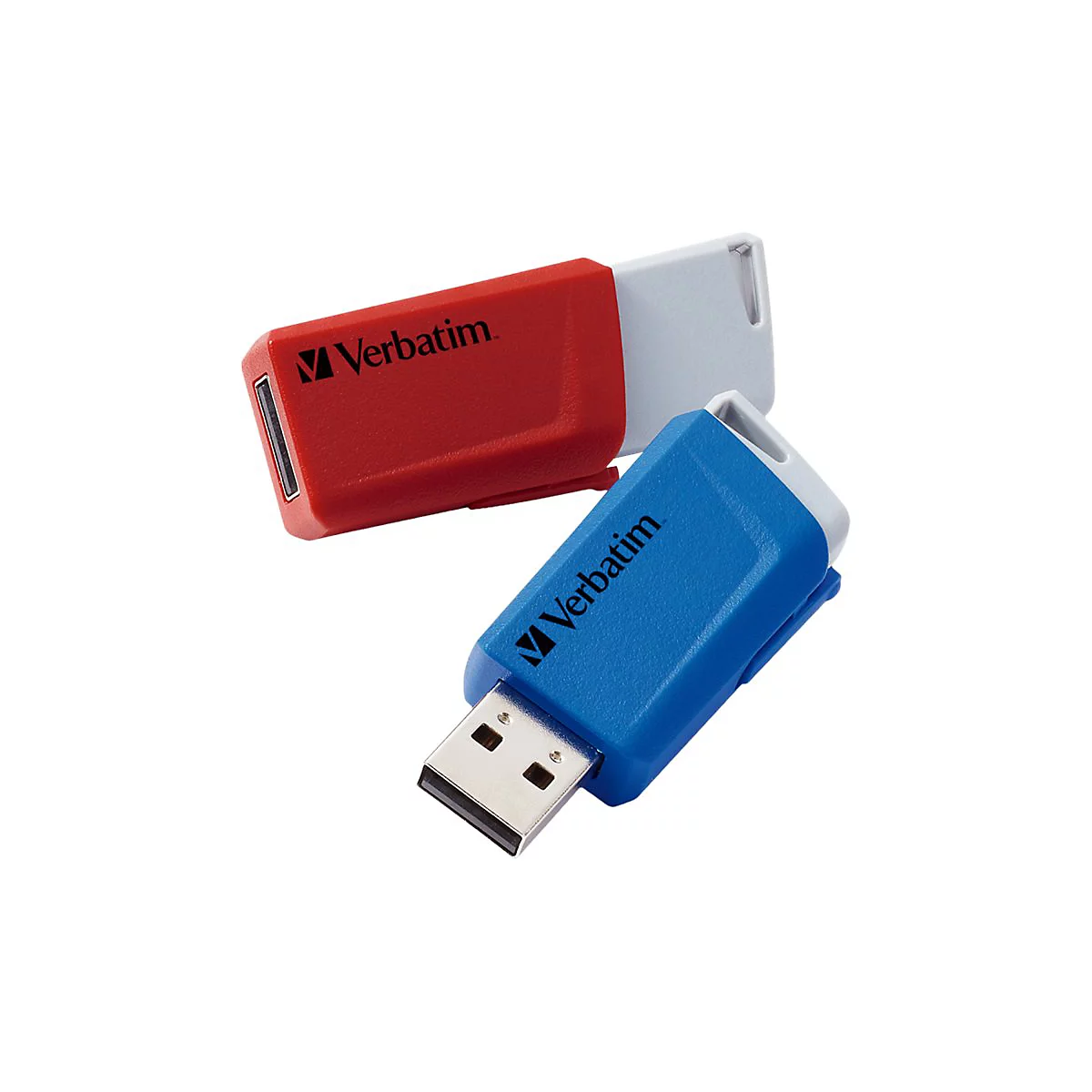 Deux clés USB ; rouge et bleu avec le haut blanc. Les deux affichent le nom de la marque Verbatim.