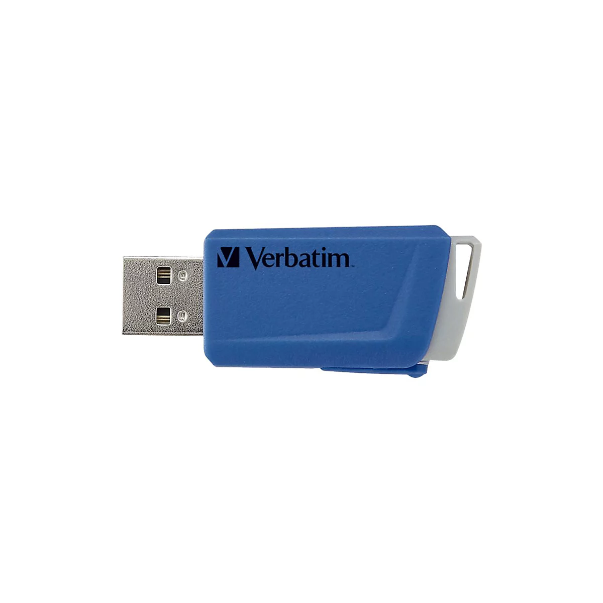 Clé USB bleue avec logo Verbatim. Le connecteur USB est argenté, le boîtier de protection est bleu et gris.