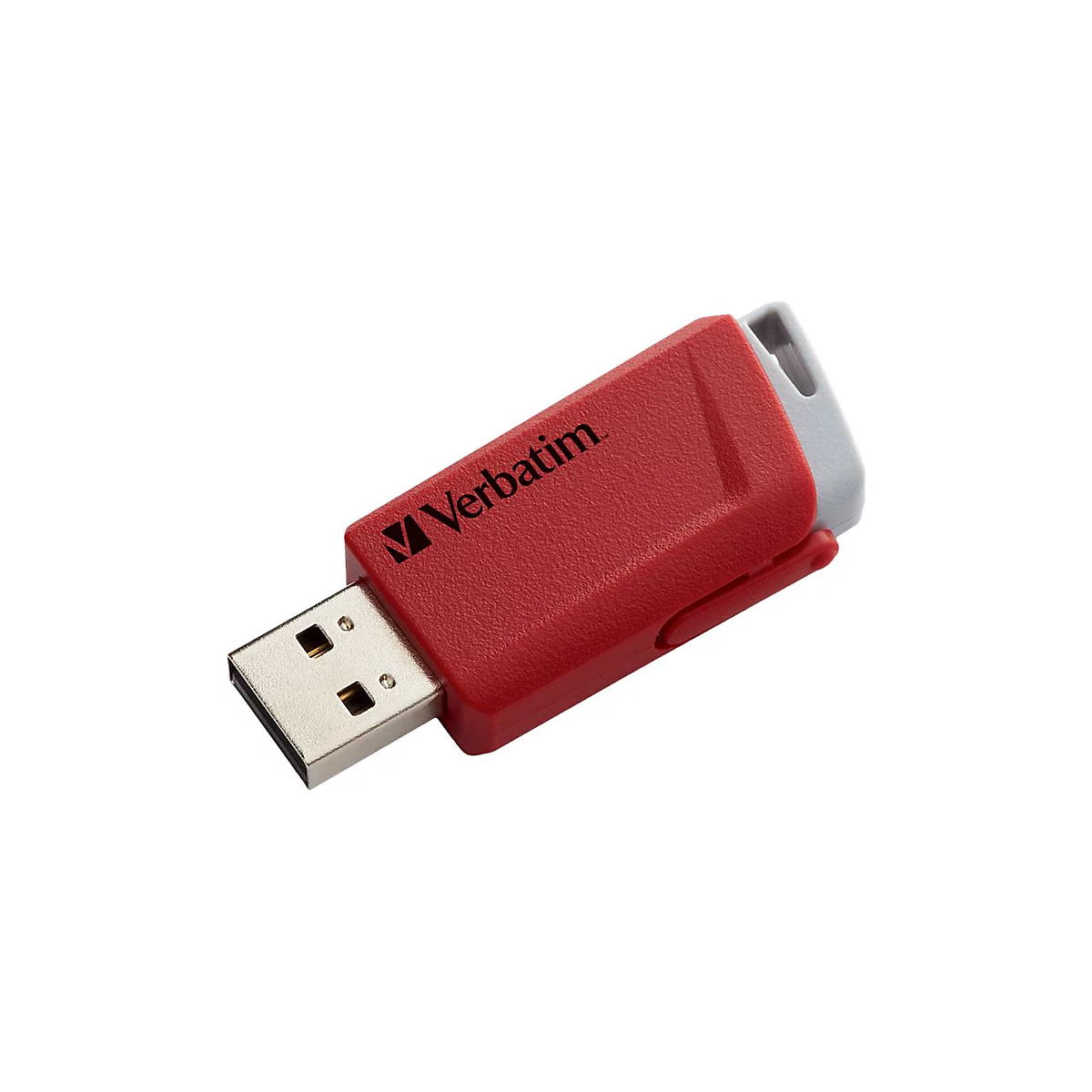 Clé USB rouge avec le logo Verbatim, avec protection blanche, sur fond blanc.