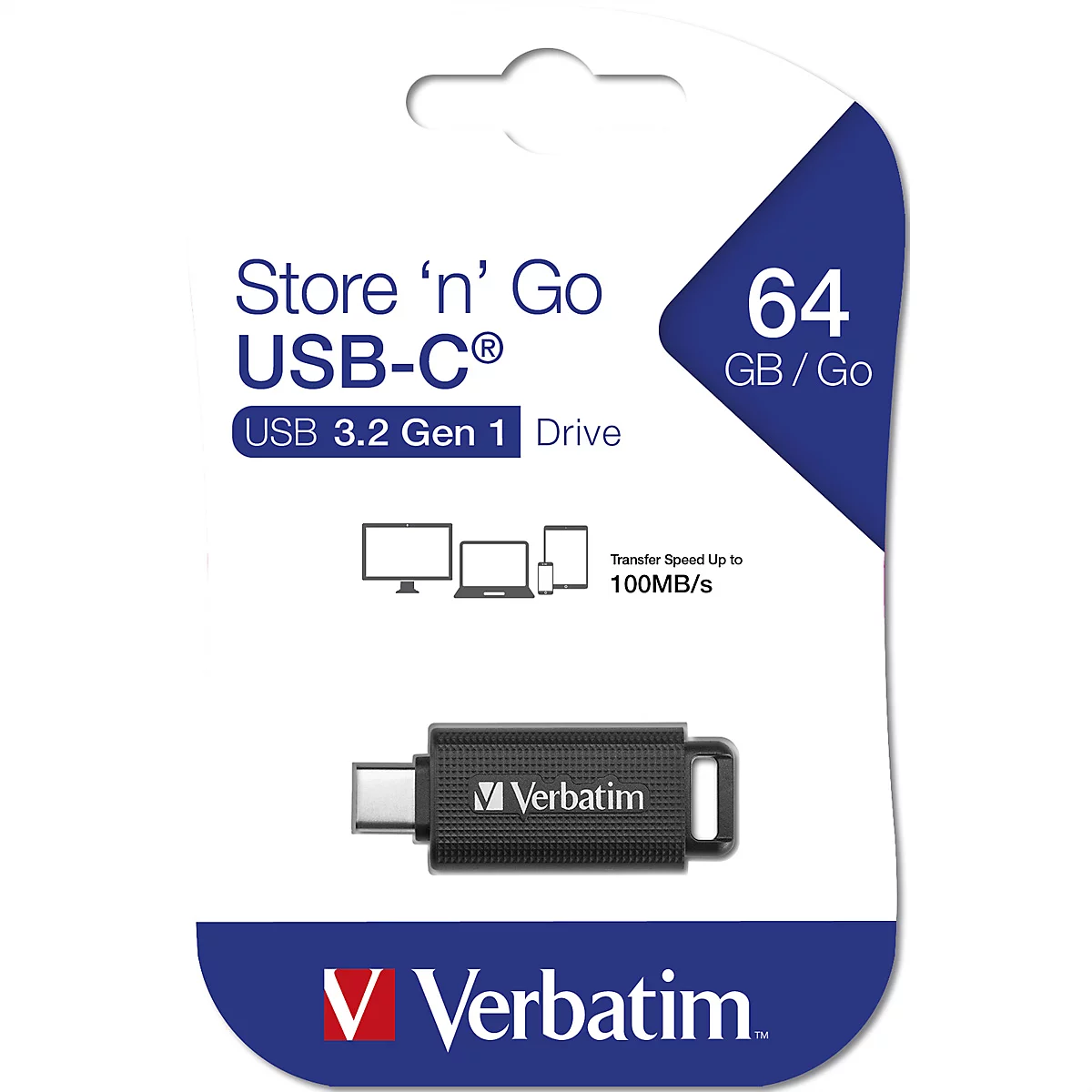 Verpackung eines 64 GB Verbatim USB-C 3.2 Gen 1 USB-Sticks.