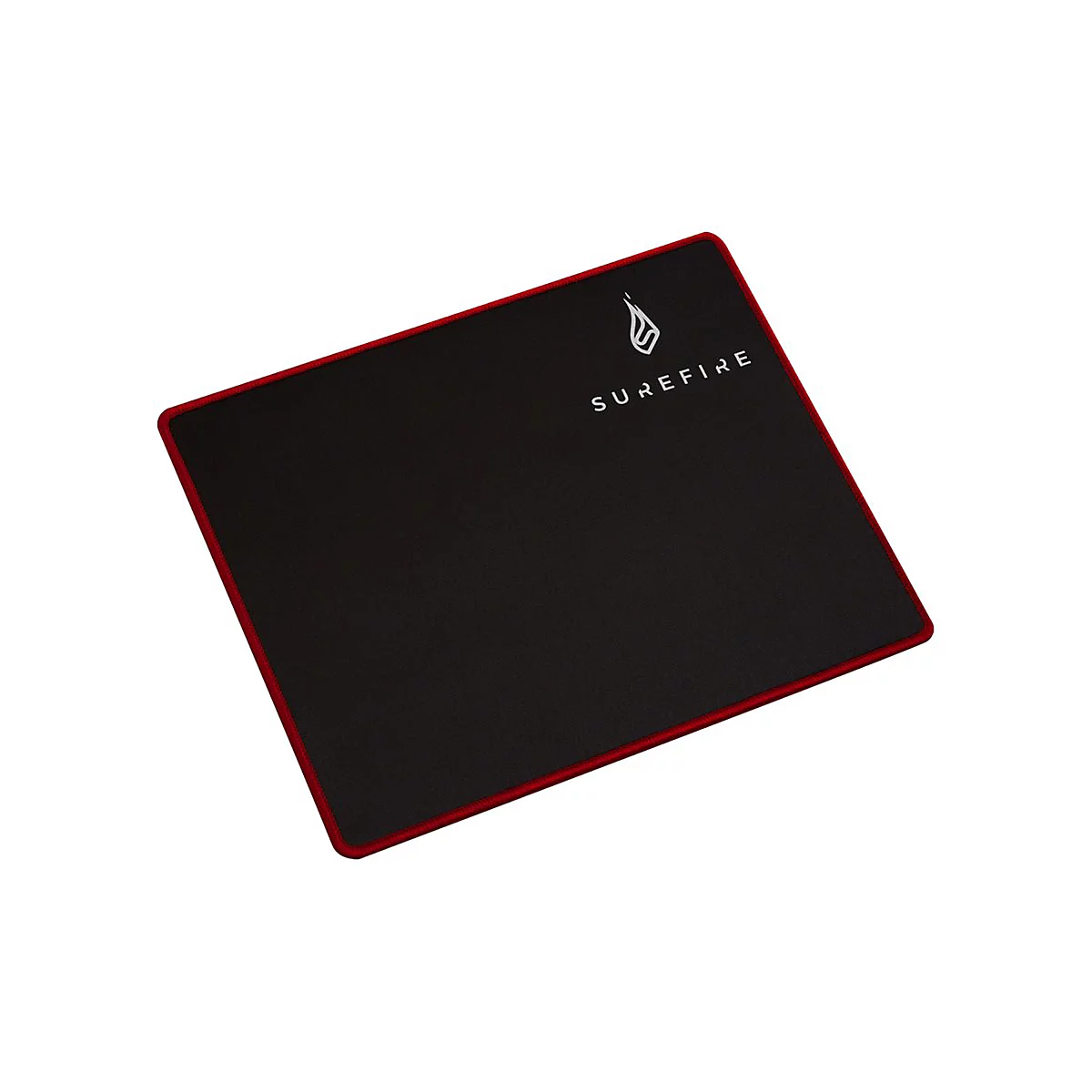 Tapis de souris noir avec bord rouge, logo blanc et texte SUREFIRE.