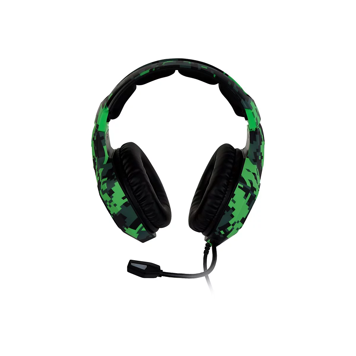 Casque de jeu camouflage vert avec coussinets d'oreille noirs et microphone.