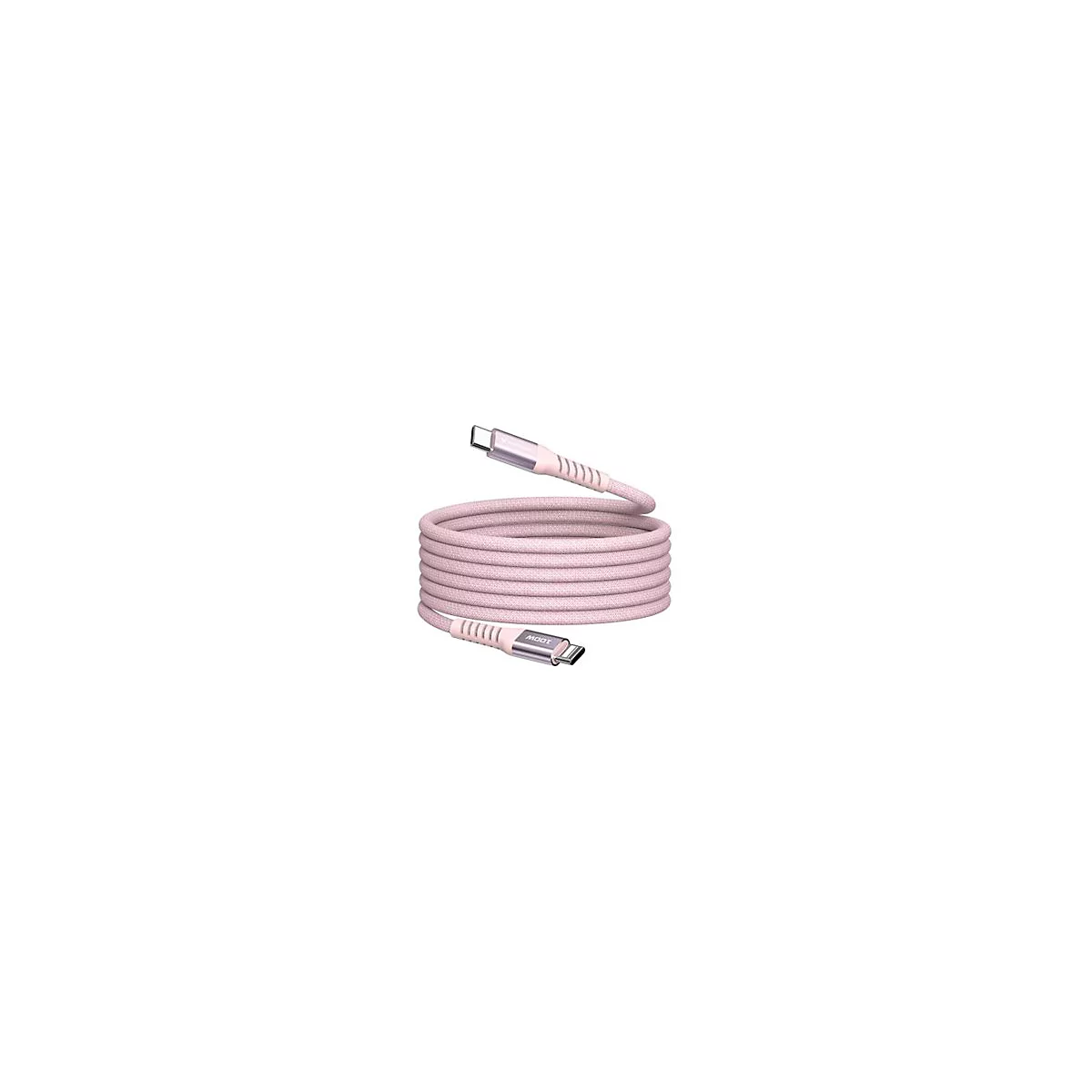 Hellrosa USB-C-Kabel in Spiralen. Stecker silbern und rosa mit MOOT-Schriftzug. Gekräuseltes Textilkabel.