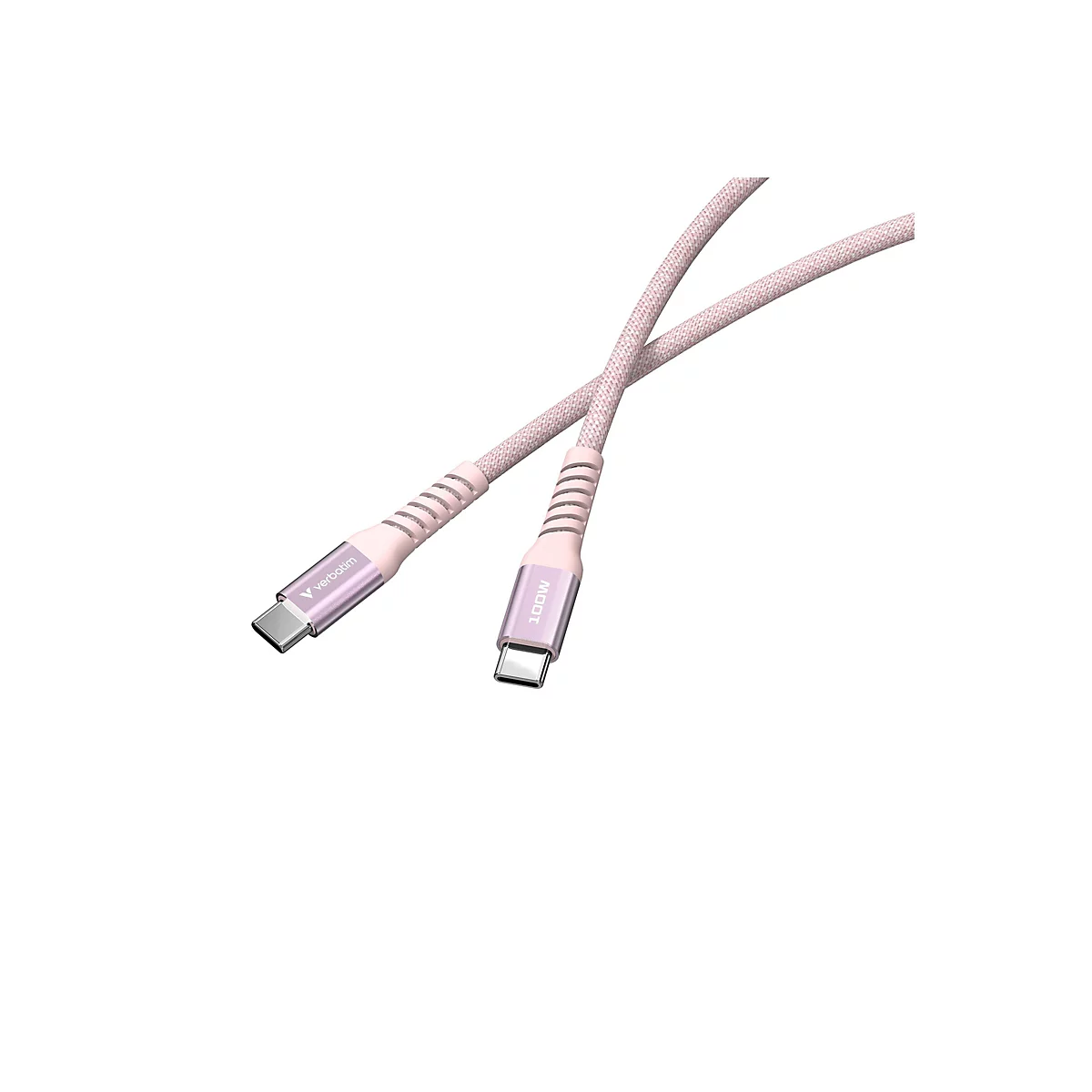 Zwei rosa USB-C-Kabel kreuzen sich. Auf einem steht 100W, auf dem anderen Verbatim.