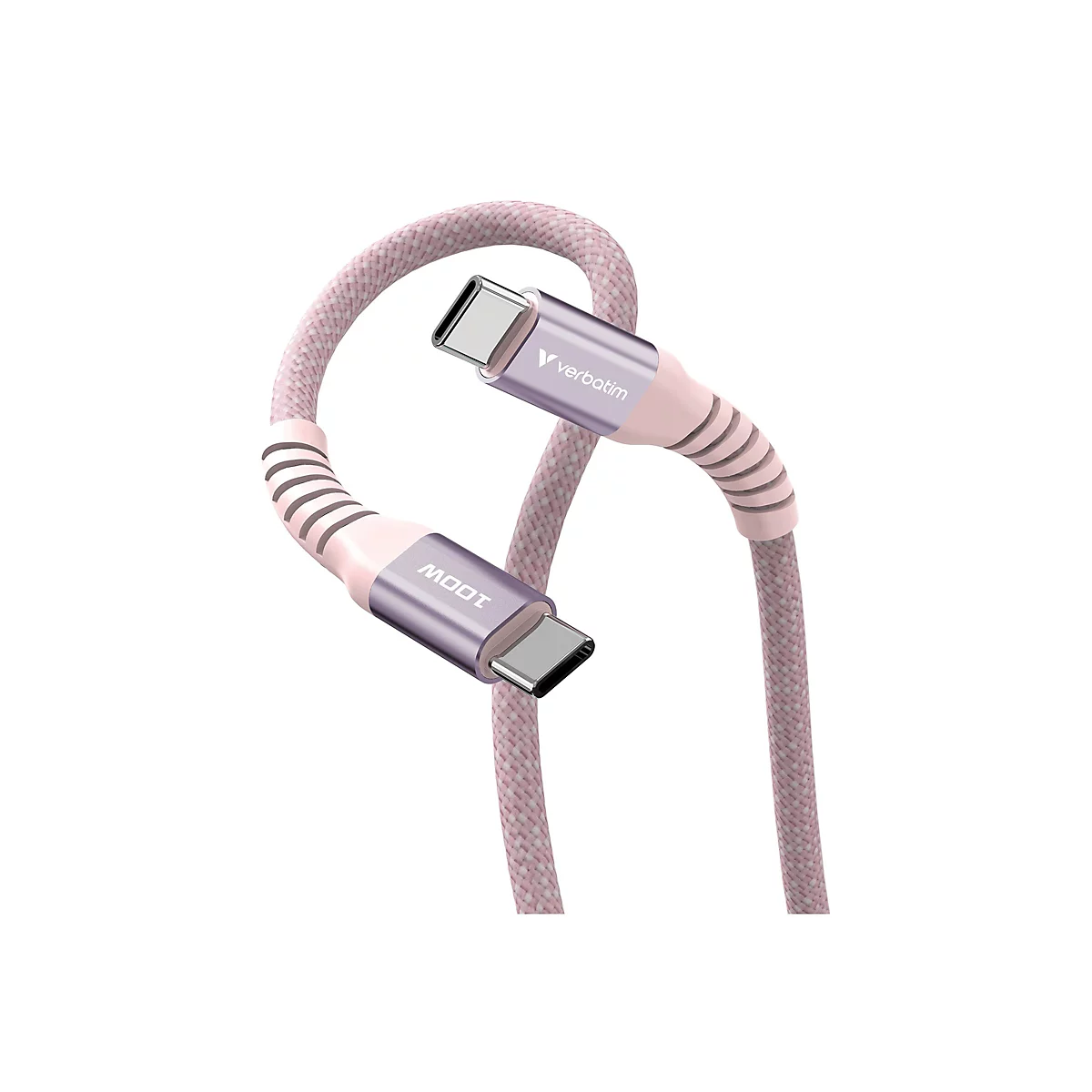 Ein rosa geflochtenes USB-C-Kabel, gebogen, mit zwei Steckern. Auf einem Stecker steht "MOOT 100W", auf dem anderen "verbatim".