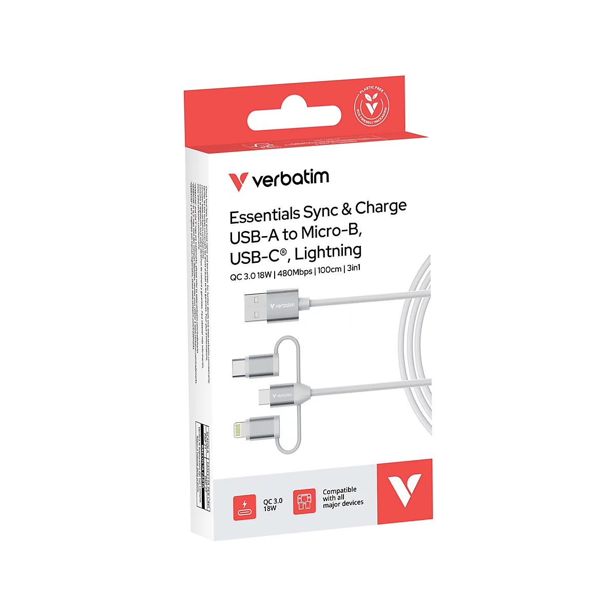 Verpackung eines weißen 3-in-1 Ladekabels von Verbatim mit USB-A auf USB-C, Micro-B und Lightning Anschlüssen.
