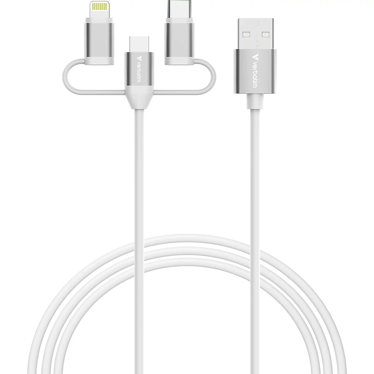 Weißes Ladekabel mit austauschbaren Steckern für Lightning, USB-C und Micro-USB vor weißem Hintergrund.
