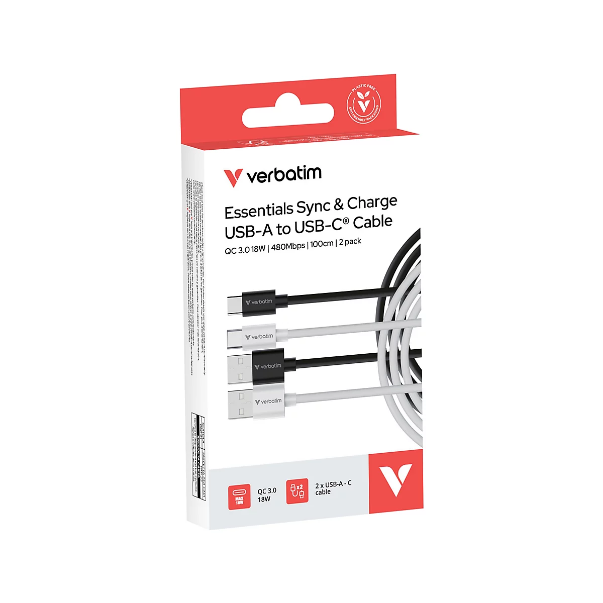 Verpackung von Verbatim Essentials Sync & Charge USB-A zu USB-C Kabeln, 2er-Set, 100 cm, weißer Hintergrund.