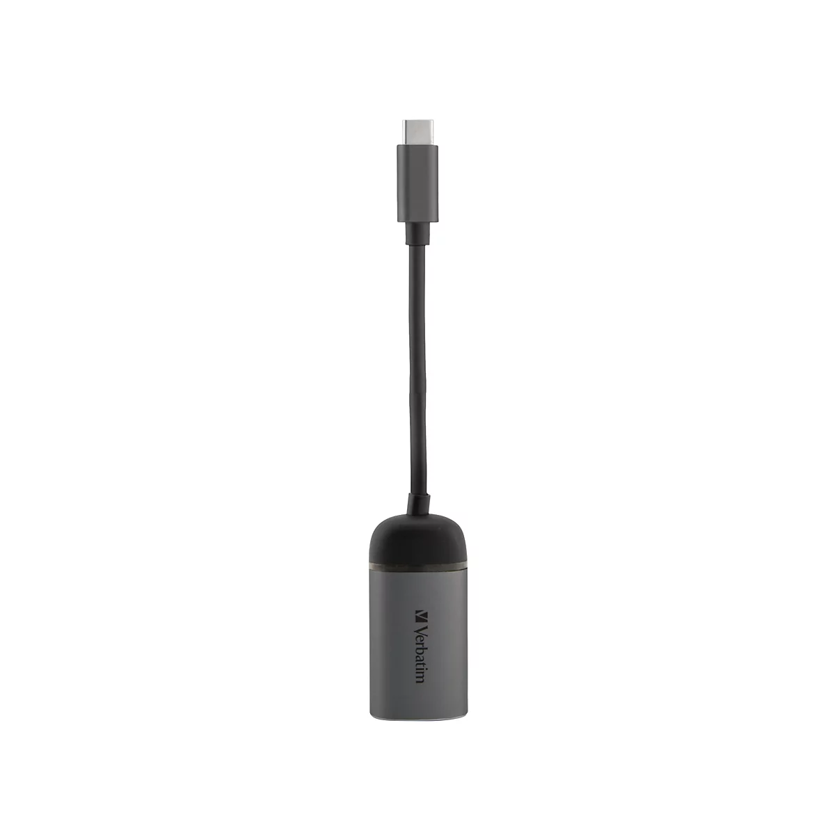 Grauer USB-C-Adapter von Verbatim mit kurzem Kabel vor weißem Hintergrund.