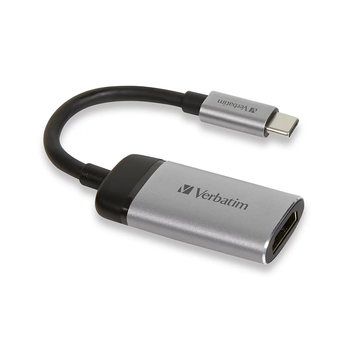 Verbatim USB-C auf HDMI Adapter in Silber mit kurzem schwarzen Kabel vor weißem Hintergrund.