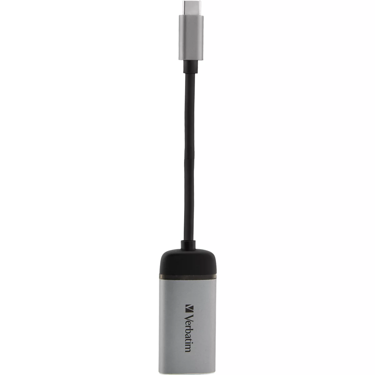 Verbatim USB-C-Adapter mit grauem Gehäuse und schwarzem Kabel vor weißem Hintergrund.