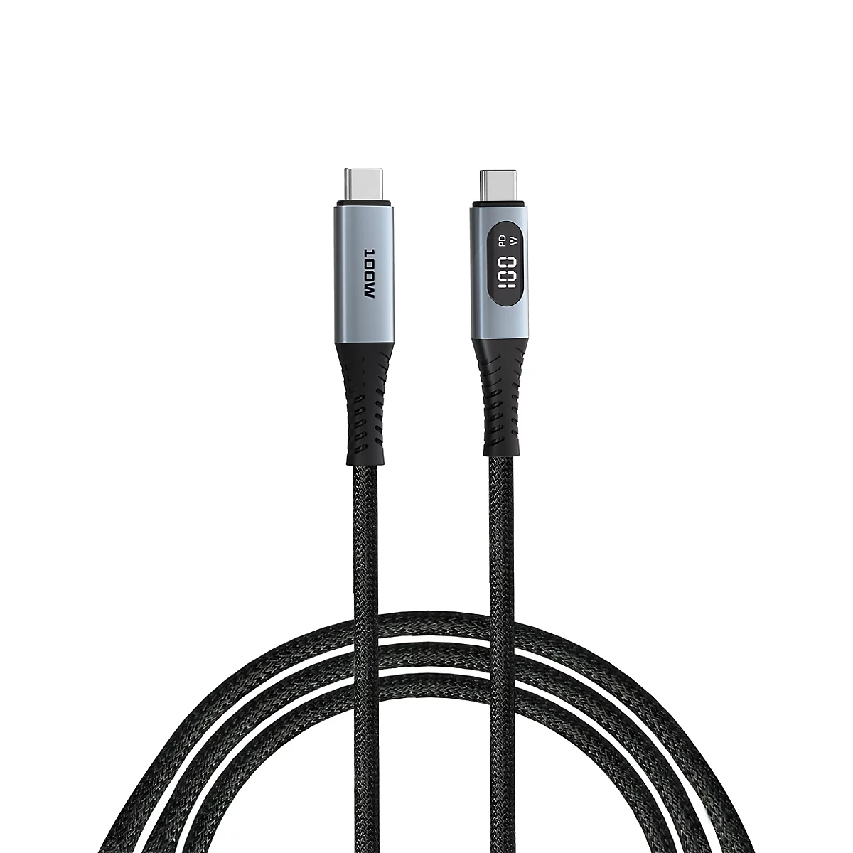 USB-C-Ladekabel mit Display, das 100W anzeigt, vor weißem Hintergrund.