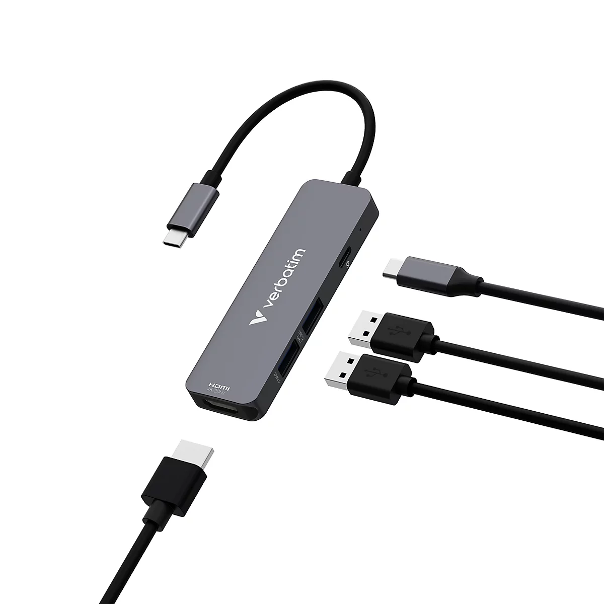 Grauer Verbatim USB-C Multiport-Adapter mit angeschlossenen Kabeln vor weißem Hintergrund.