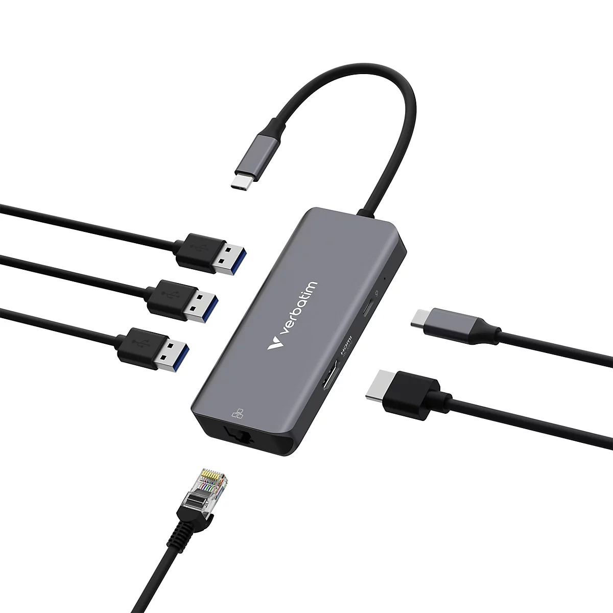 Dunkelgrauer Verbatim USB-C-Hub mit angeschlossenen Kabeln und Steckern auf weißem Hintergrund.
