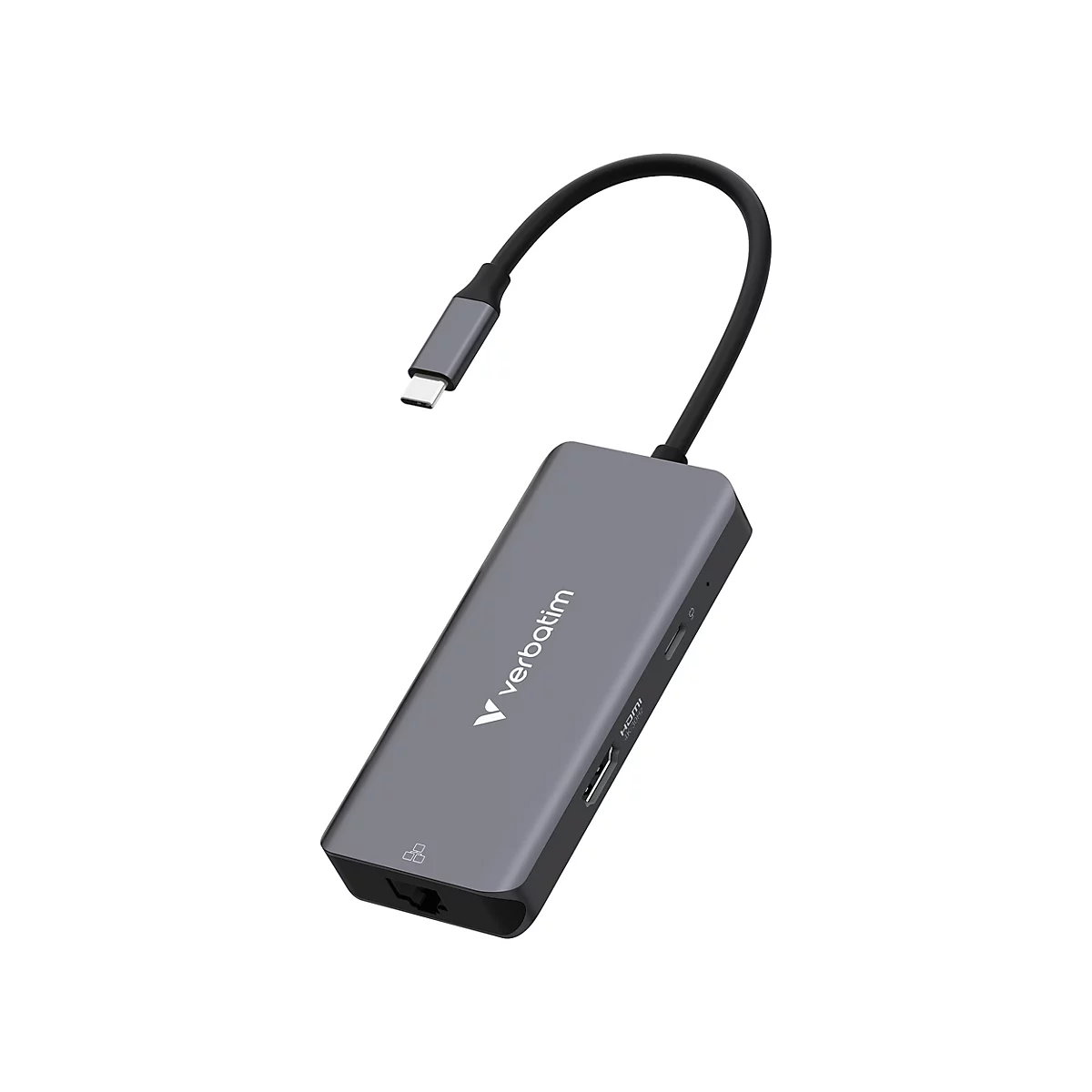 Grauer USB-C-Multiport-Adapter von Verbatim mit kurzem Kabel vor weißem Hintergrund.
