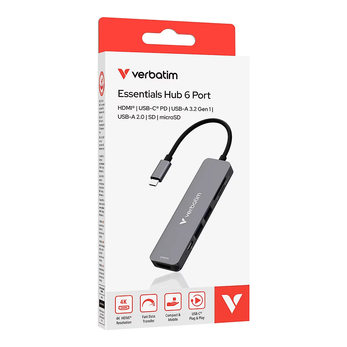 Verbatim Essentials Hub mit 6 Anschlüssen in der Produktverpackung, weißer Hintergrund.