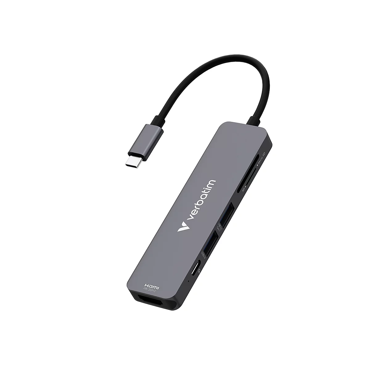 Grauer USB-C-Multiport-Adapter von Verbatim mit Kabel und verschiedenen Anschlüssen vor weißem Hintergrund.