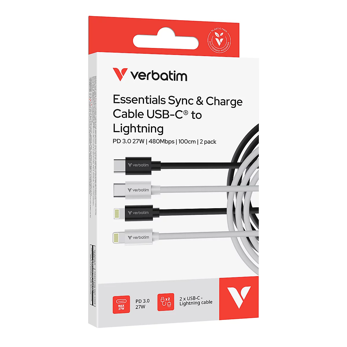 Verpackung von zwei Verbatim USB-C auf Lightning Ladekabeln in Schwarz und Weiß.