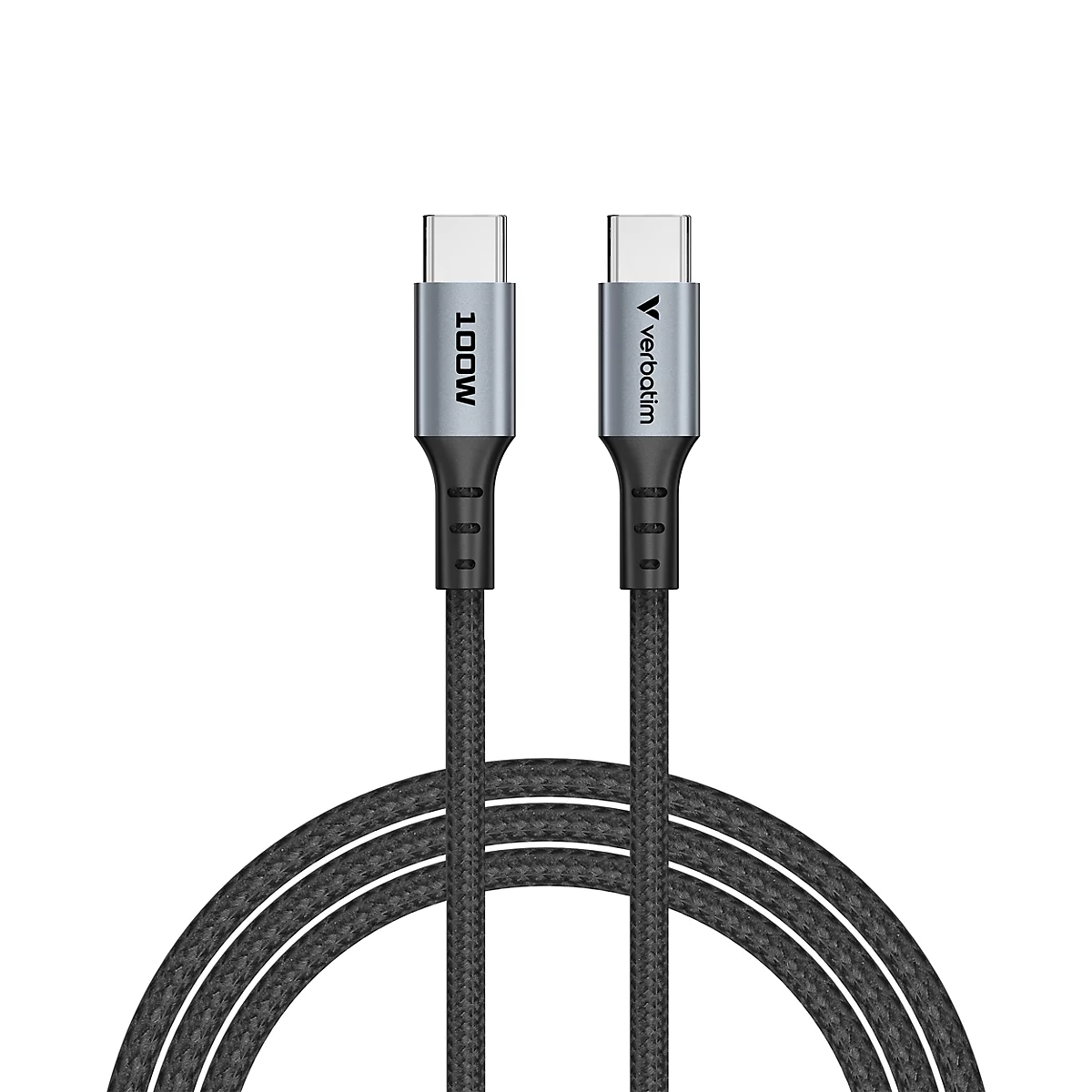 Schwarzes Verbatim USB-C-Kabel mit 100W-Aufdruck auf einem grauen Metallstecker vor weißem Hintergrund.