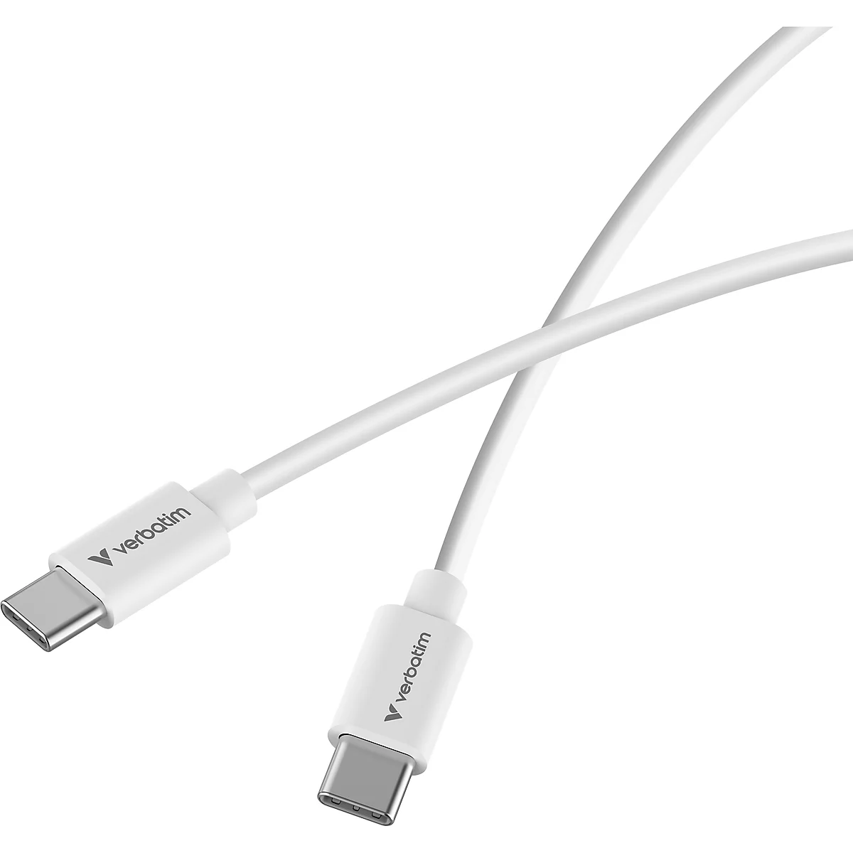 Weißes USB-C-auf-USB-C-Kabel von Verbatim auf weißem Hintergrund.