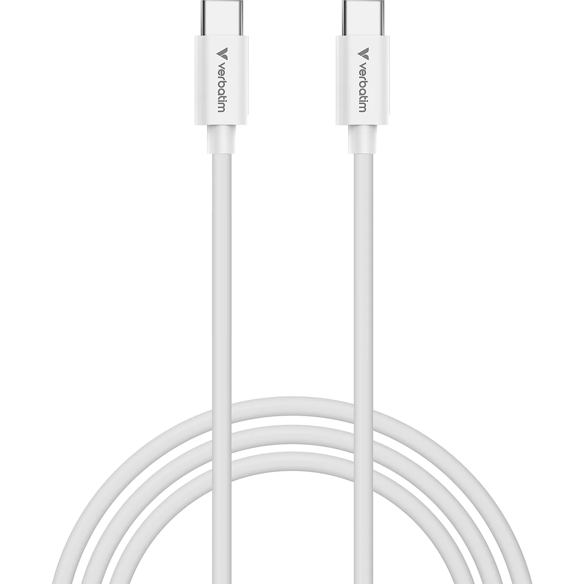 Weißes USB-C-auf-USB-C-Kabel von Verbatim auf weißem Hintergrund.