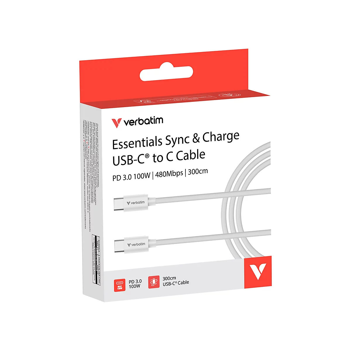 Verpackung eines weißen Verbatim USB-C auf C Ladekabels mit 300 cm Länge und 100W Ladeleistung.