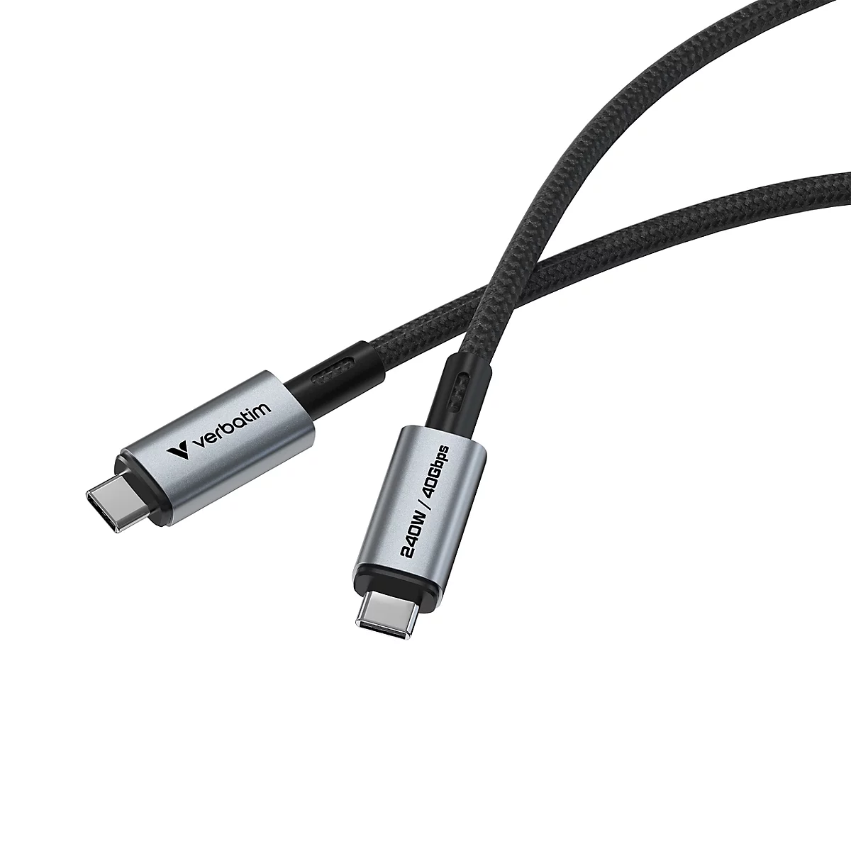 Schwarzes Verbatim USB-C-Kabel mit grauen Steckern, beschriftet mit 240W und 40Gbps.
