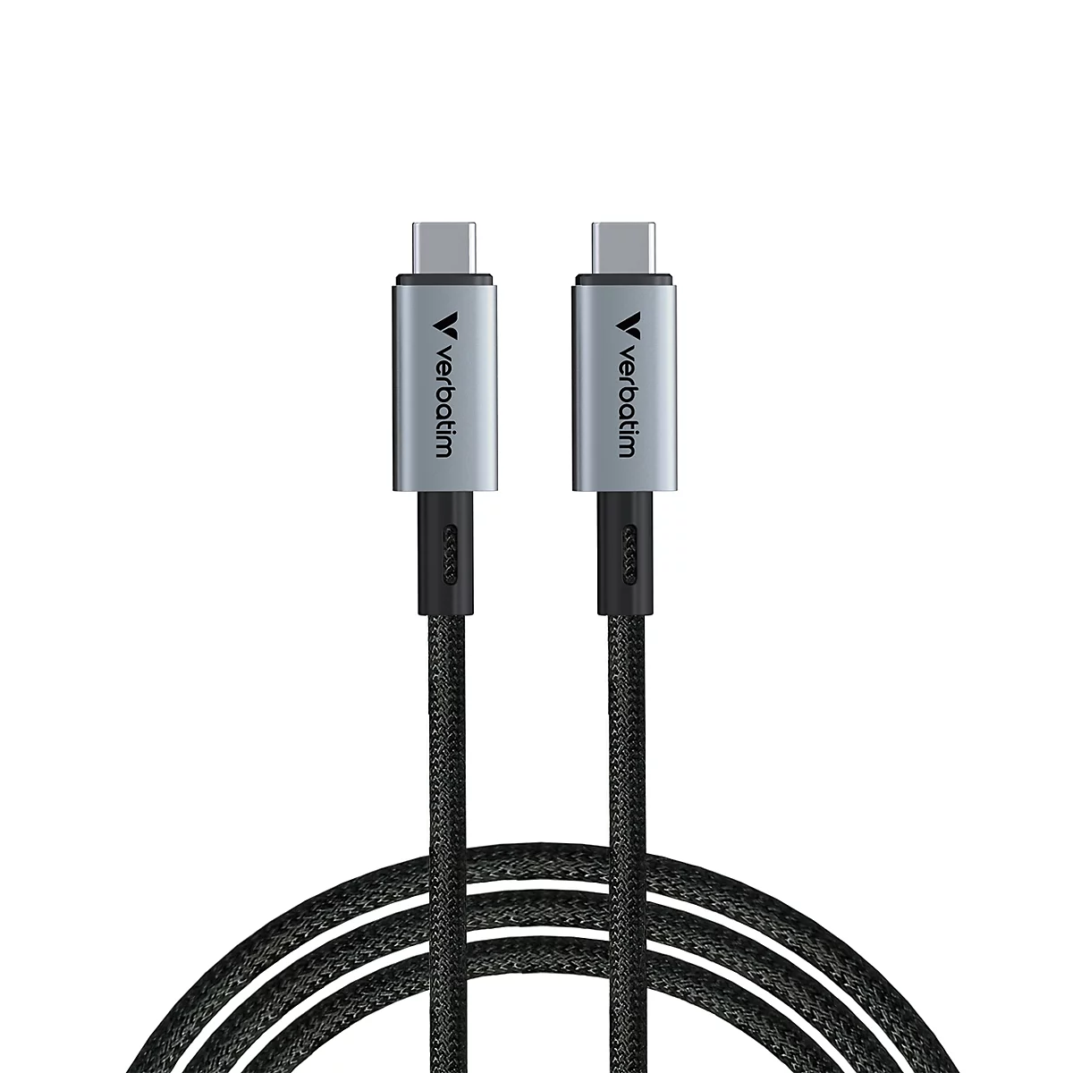 Zwei identische USB-C-Kabel mit grauem Steckergehäuse und Verbatim-Logo vor weißem Hintergrund.