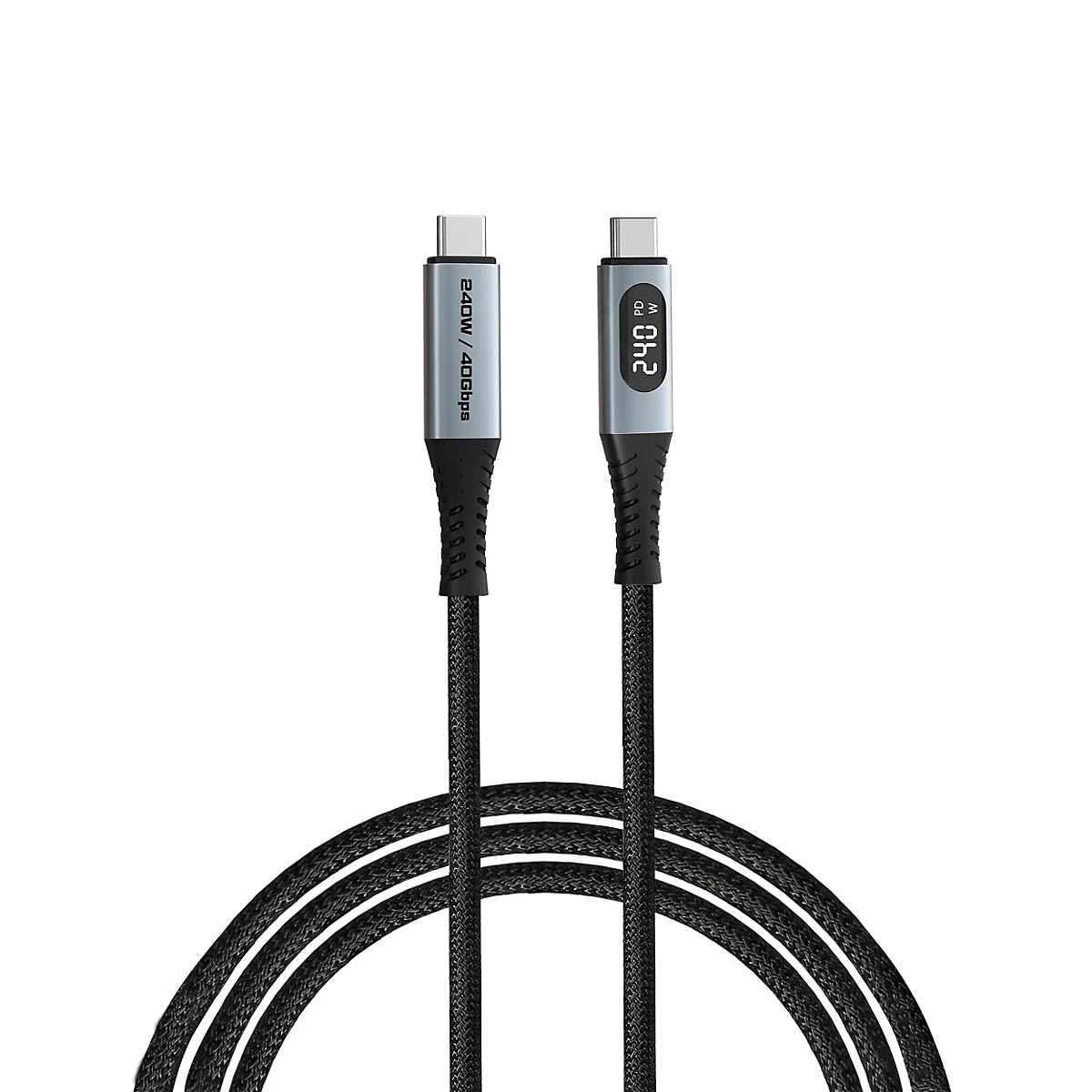 Schwarzes USB-C-Kabel mit Displayanzeige und Metallsteckern vor weißem Hintergrund.