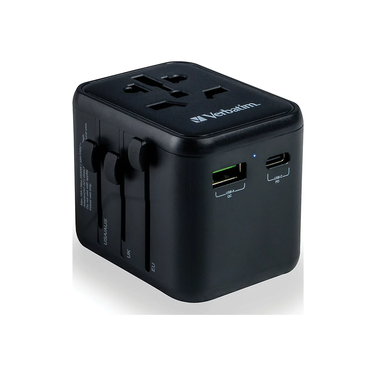 Schwarzer Universal-Reiseadapter von Verbatim mit USB-A und USB-C Anschlüssen und Schiebereglern für verschiedene Stecker.