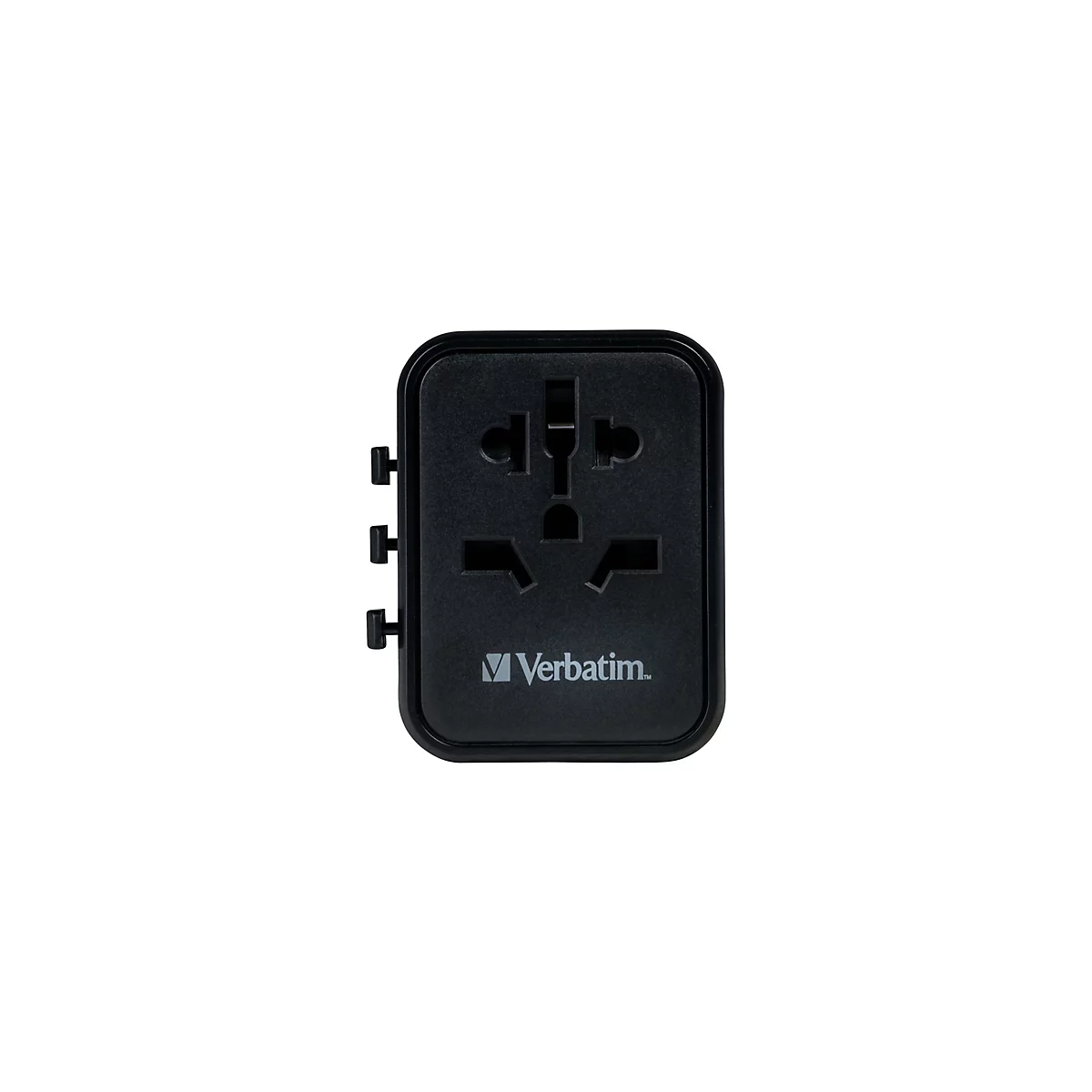 Schwarzer Universal-Reiseadapter von Verbatim auf weißem Hintergrund.