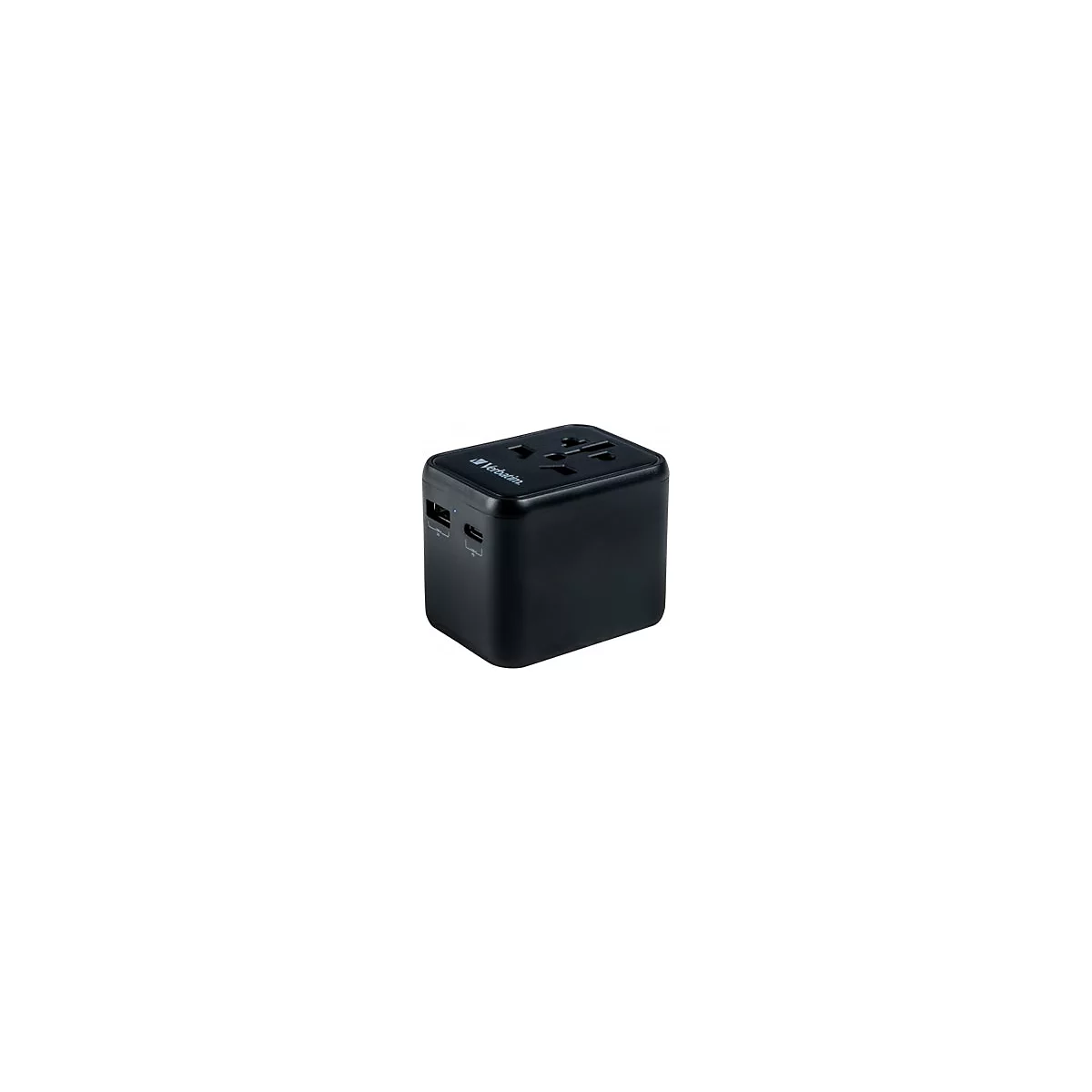 Schwarzer Universal-Reiseadapter von Verbatim mit USB-A- und USB-C-Anschlüssen vor weißem Hintergrund.