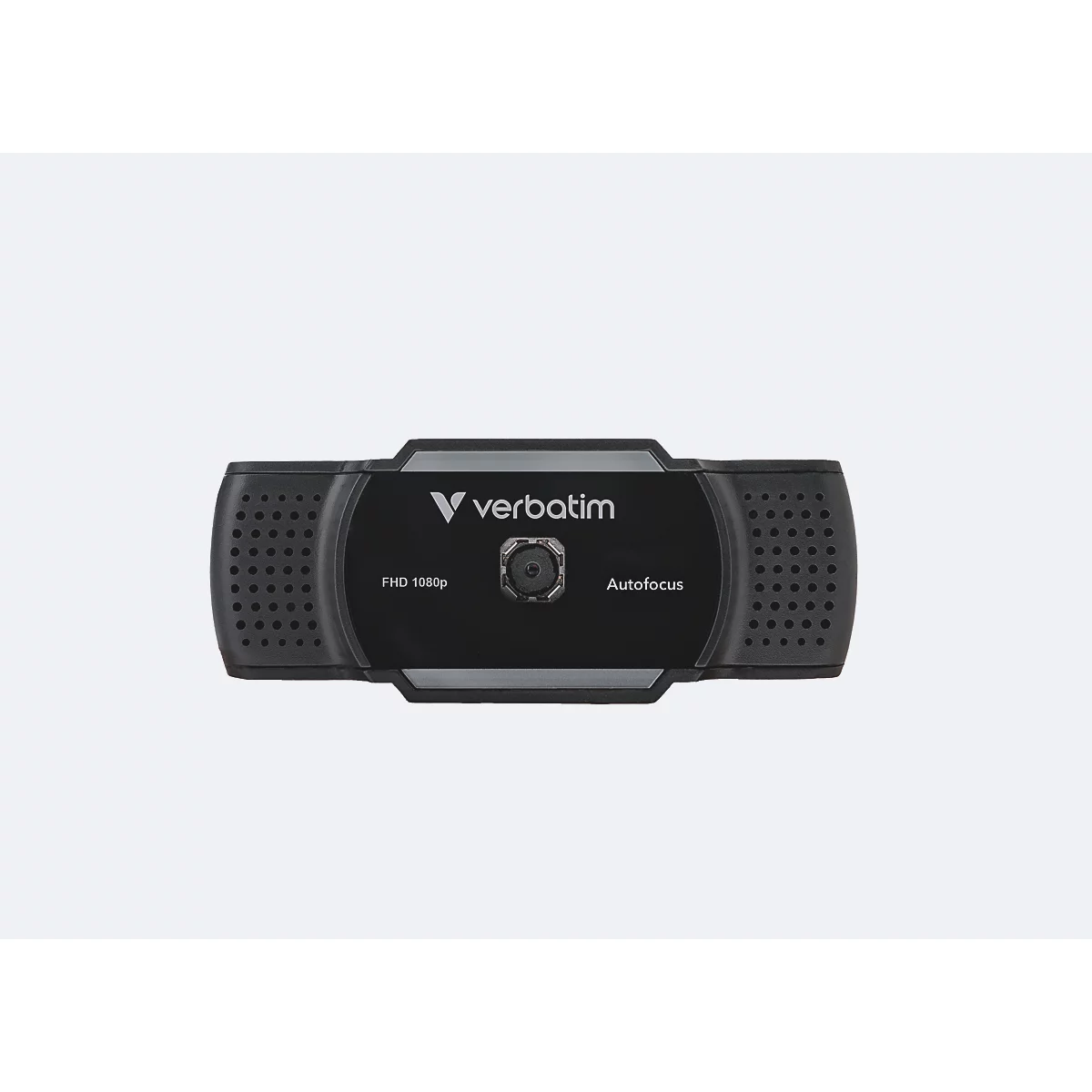 Schwarze Verbatim Full HD Webcam mit Autofokus vor neutralem Hintergrund.