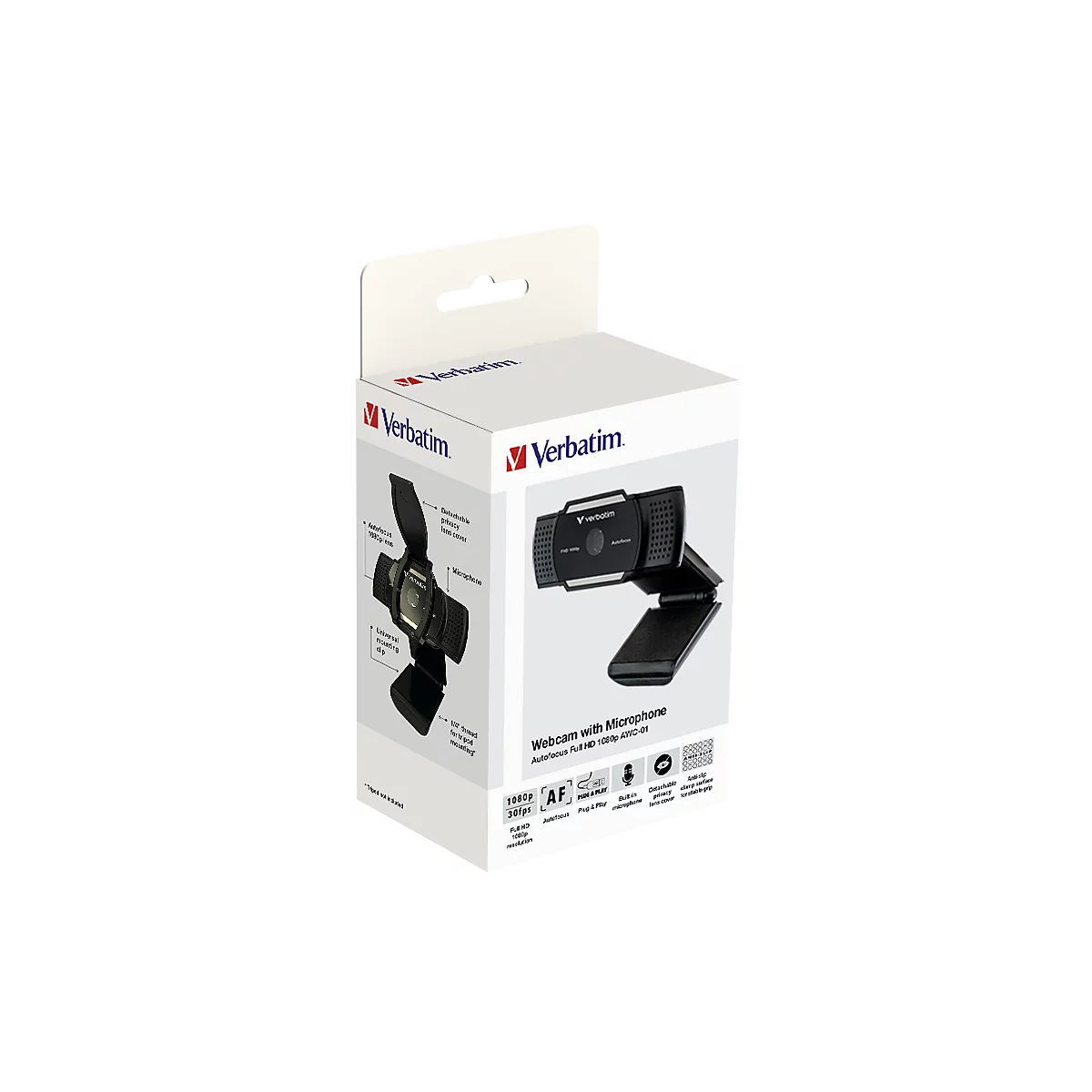 Produktverpackung einer schwarzen Verbatim Full HD Webcam mit Mikrofon auf weißem Hintergrund.