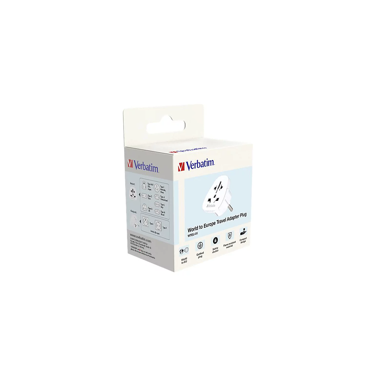 Verbatim Reiseadapter Verpackung World to Europe Stecker mit technischer Übersicht auf weißem Hintergrund.