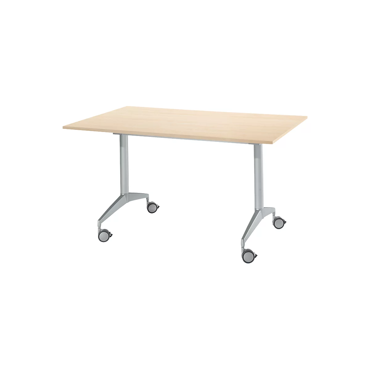 Een rechthoekige, lichtgekleurde tafel met wielen. Het tafelblad is lichtbruin, het frame is zilver.