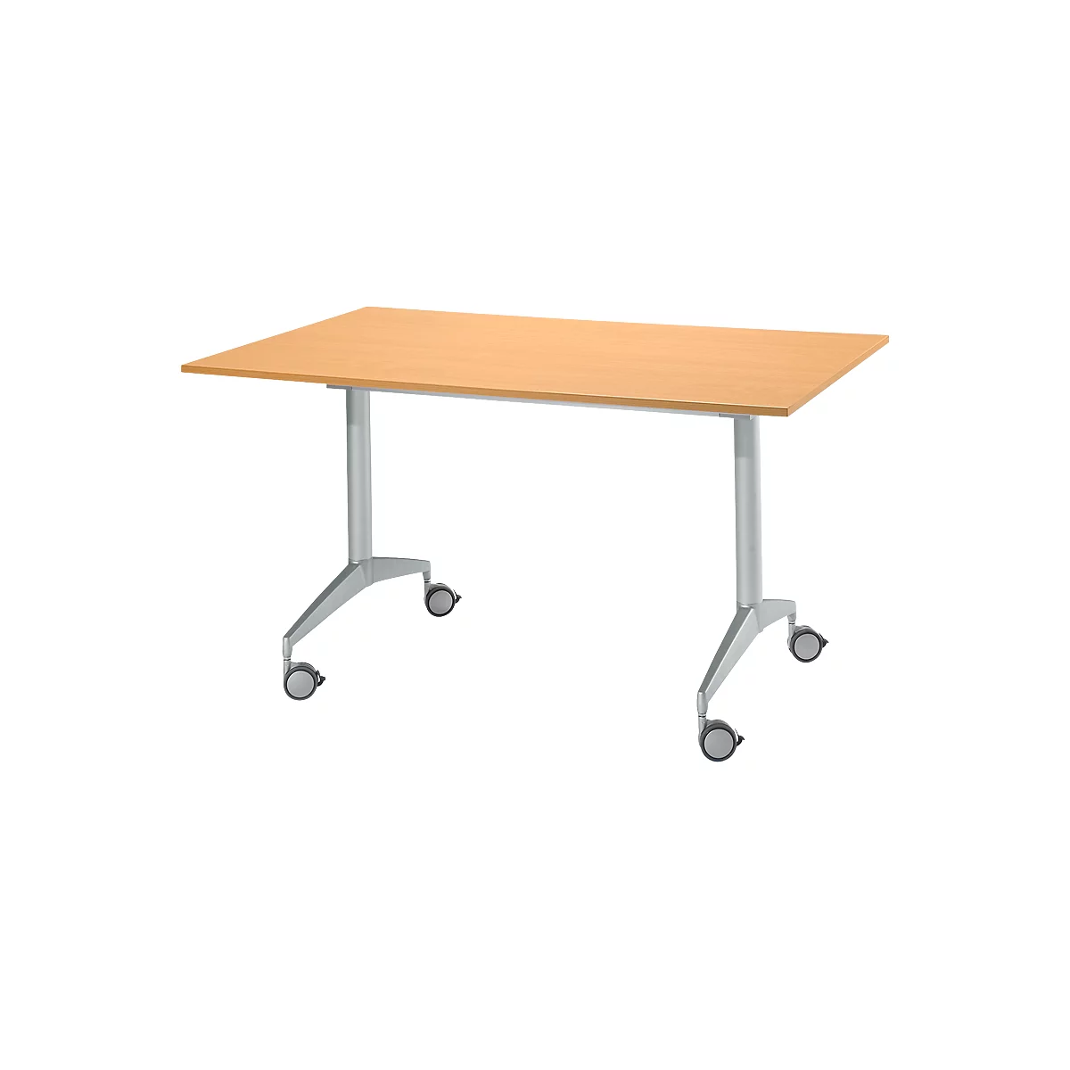 Rechthoekige beige tafel met metalen poten op wielen. Ideaal voor conferenties.