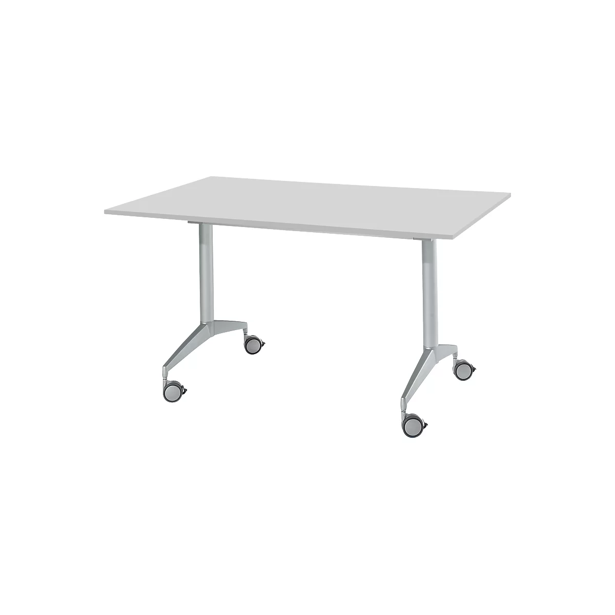 Witte rechthoekige tafel met wieltjes. De tafelpoten zijn zilver.