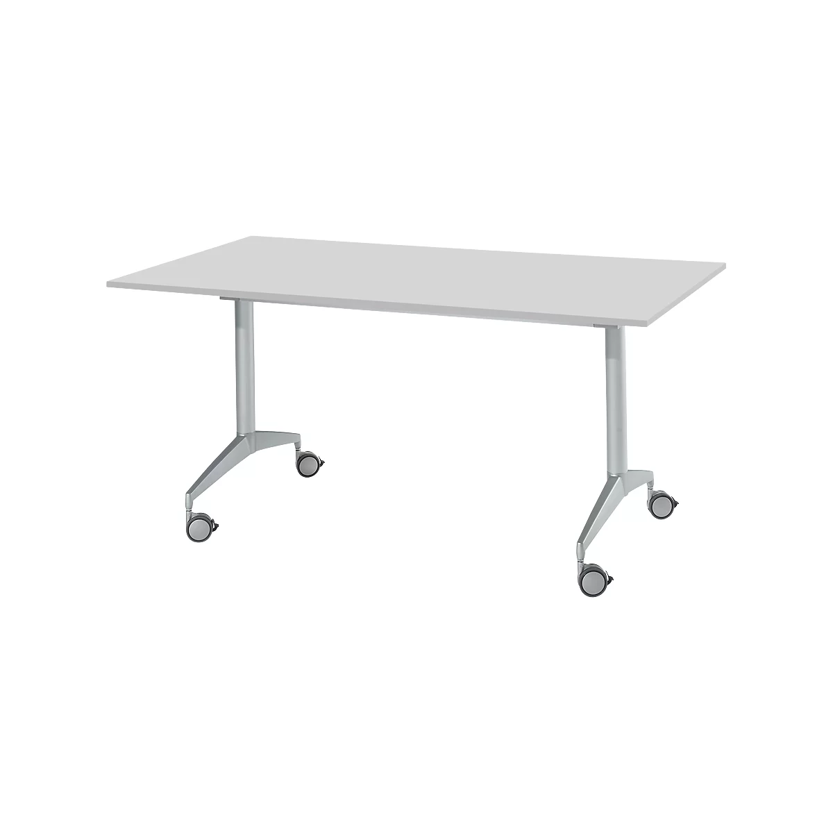 Een rechthoekige witte tafel op wielen. De zilveren tafelpoten zijn schuin.